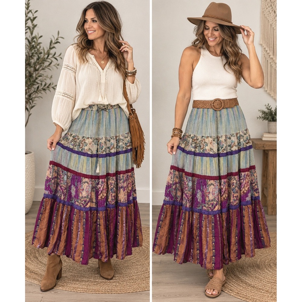 Natural Boho Tiered Patchwork Maxi Skirt Cotton Lined Elastic Waist India